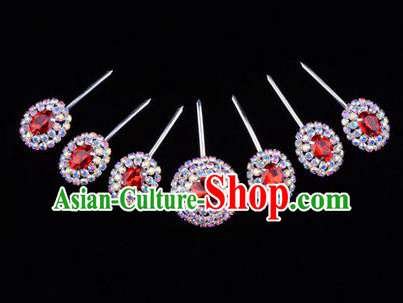 Chinese Ancient Peking Opera Head Accessories Young Lady Diva Colorful Crystal Red Hairpins Complete Set, Traditional Chinese Beijing Opera Hua Tan Hair Clasp Head-ornaments