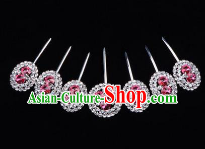 Chinese Ancient Peking Opera Head Accessories Young Lady Diva Crystal Pink Hairpins Complete Set, Traditional Chinese Beijing Opera Hua Tan Hair Clasp Head-ornaments
