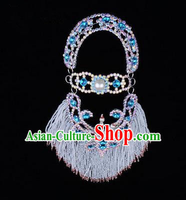 Chinese Ancient Peking Opera Head Accessories Young Lady Diva Blue Pearl Hairpins Back Temples Curtain, Traditional Chinese Beijing Opera Hua Tan Hair Clasp Head-ornaments