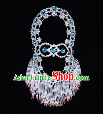 Chinese Ancient Peking Opera Head Accessories Young Lady Diva Blue Crystal Hairpins Back Temples Curtain, Traditional Chinese Beijing Opera Hua Tan Hair Clasp Head-ornaments
