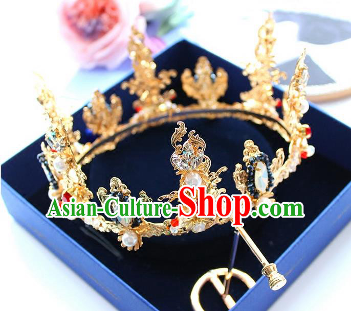 Top Grade Handmade Wedding Bride Hair Accessories Luxury Queen Golden Crown, Traditional Baroque Princess Crystal Royal Crown Wedding Headpiece for Women