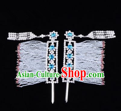 Chinese Ancient Peking Opera Head Accessories Young Lady Diva Blue Crystal Hairpins Temples Curtain, Traditional Chinese Beijing Opera Hua Tan Hair Clasp Head-ornaments