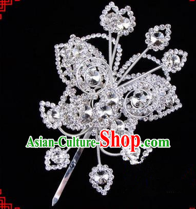 Chinese Ancient Peking Opera Head Accessories Diva Crystal Butterfly Hairpins White Step Shake, Traditional Chinese Beijing Opera Princess Hua Tan Hair Clasp Head-ornaments