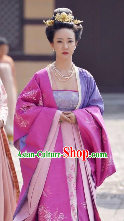 Traditional Ancient Chinese Imperial Princess Costume and Headpiece Complete Set, Elegant Hanfu Clothing Chinese Tang Dynasty Imperial Concubine Embroidered Dress Clothing for Women
