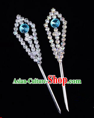 Chinese Ancient Peking Opera Head Accessories Diva Blue Crystal Pointed Temples Hairpins, Traditional Chinese Beijing Opera Princess Hua Tan Hair Clasp Head-ornaments