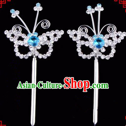 Chinese Ancient Peking Opera Head Accessories Diva Blue Crystal Hairpins, Traditional Chinese Beijing Opera Princess Hua Tan Butterfly Hair Clasp Head-ornaments
