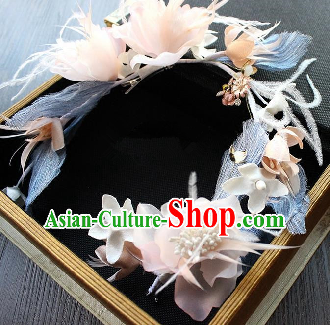 Top Grade Handmade Wedding Bride Hair Accessories Headwear Feather Hair Clasp, Traditional Princess Baroque Flowers Headpiece for Women