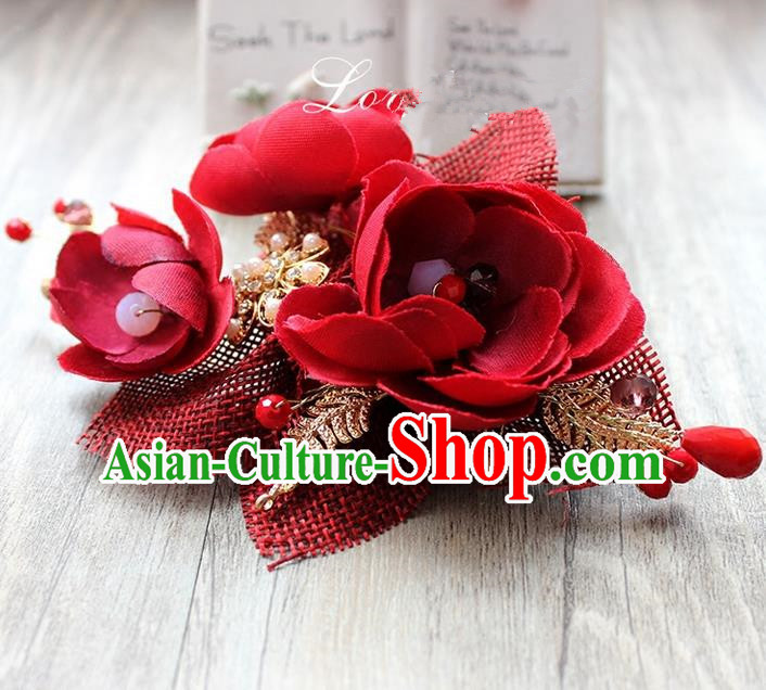 Top Grade Handmade Wedding Bride Hair Accessories Linen Red Flowers Hair Claws, Traditional Princess Baroque Hair Stick Headpiece for Women