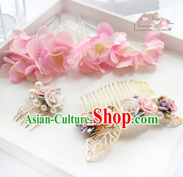 Top Grade Handmade Wedding Bride Hair Accessories Pink Flower Hairpins and Hair Combs, Traditional Princess Baroque Headband Headpiece for Women
