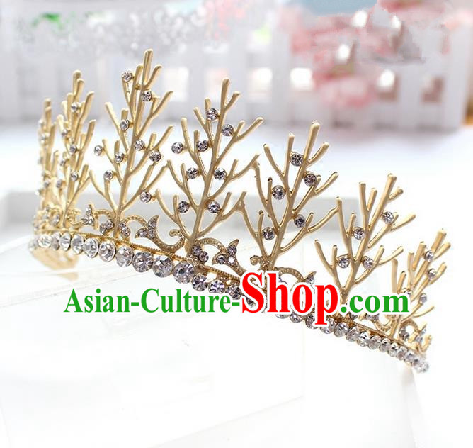 Top Grade Handmade Wedding Hair Accessories Bride Golden Hair Crown, Traditional Baroque Princess Crystal Royal Crown Wedding Headwear for Women