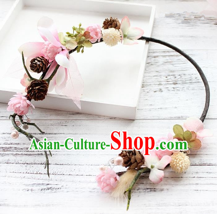 Top Grade Handmade Wedding Bride Hair Accessories Pink Flower Hair Clasp, Traditional Princess Baroque Headband Headpiece for Women