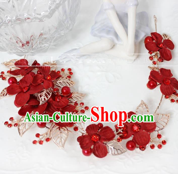 Top Grade Handmade Wedding Bride Hair Accessories Red Flowers Headband, Traditional Princess Baroque Hair Stick Headpiece Hair Clasp for Women