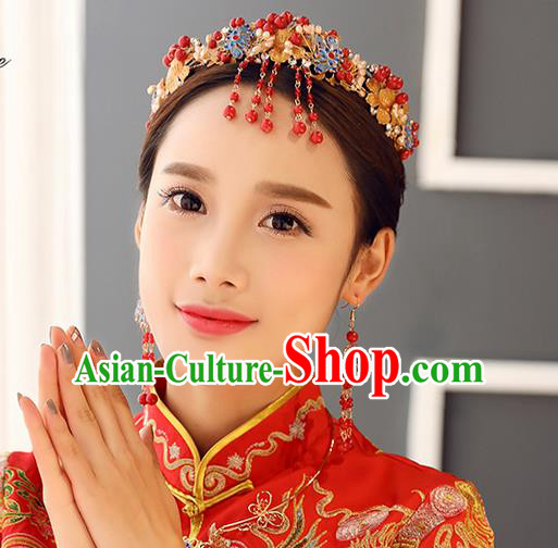 Top Grade Chinese Handmade Wedding Hair Accessories Forehead Ornament, Traditional China Xiuhe Suit Phoenix Coronet Bride Tassel Hairpins Hair Comb for Women