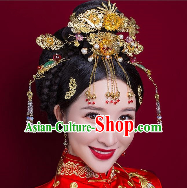 Top Grade Chinese Handmade Wedding Hair Accessories Complete Set Forehead Ornament, Traditional China Xiuhe Suit Phoenix Coronet Bride Tassel Hairpins Headdress for Women