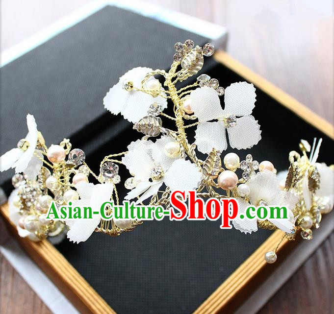 Top Grade Handmade Wedding Bride Hair Accessories White Flowers Hair Clip Crown, Traditional Princess Baroque Hair Clasp Headpiece for Women