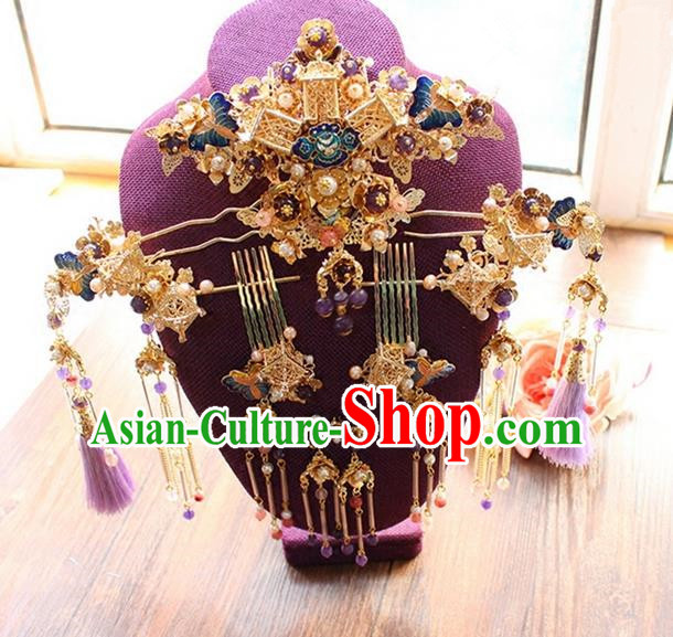 Top Grade Chinese Handmade Wedding Hair Accessories Tassel Step Shake Complete Set, Traditional China Xiuhe Suit Phoenix Coronet Bride Hairpins Headdress for Women