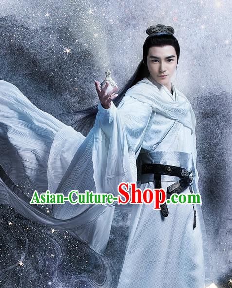 Traditional Ancient Chinese Swordsman Costume and Handmade Headpiece Complete Set, Elegant Hanfu Clothing Chinese Kawaler Clothing for Men