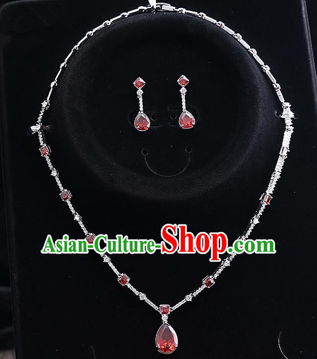 Top Grade Handmade China Wedding Bride Accessories Red Zircon Necklace and Earrings, Traditional Princess Crystal Wedding Eardrop Jewelry for Women