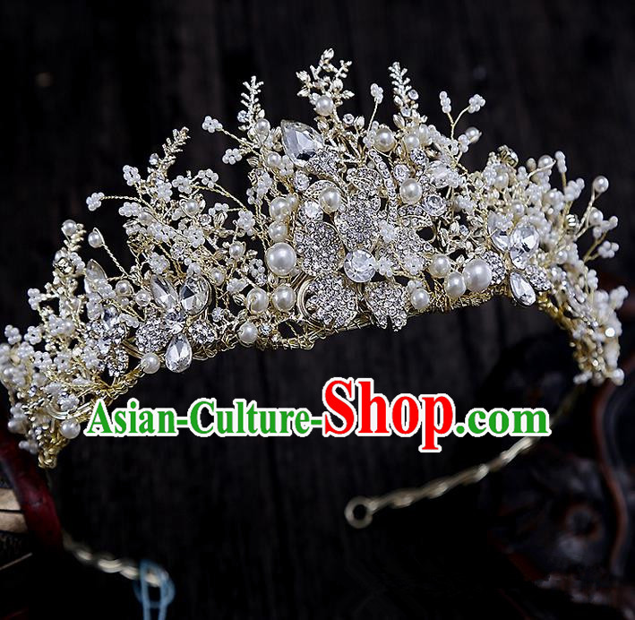 Top Grade Handmade Wedding Hair Accessories Bride Vintage Pearl Crown, Traditional Baroque Queen Crystal Royal Crown Wedding Headwear for Women