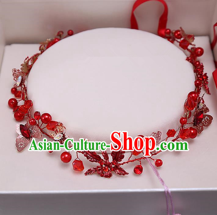 Top Grade Handmade Wedding Bride Hair Accessories Red Beads Headband Hair Clasp, Traditional Baroque Princess Hair Clip Headpiece for Women