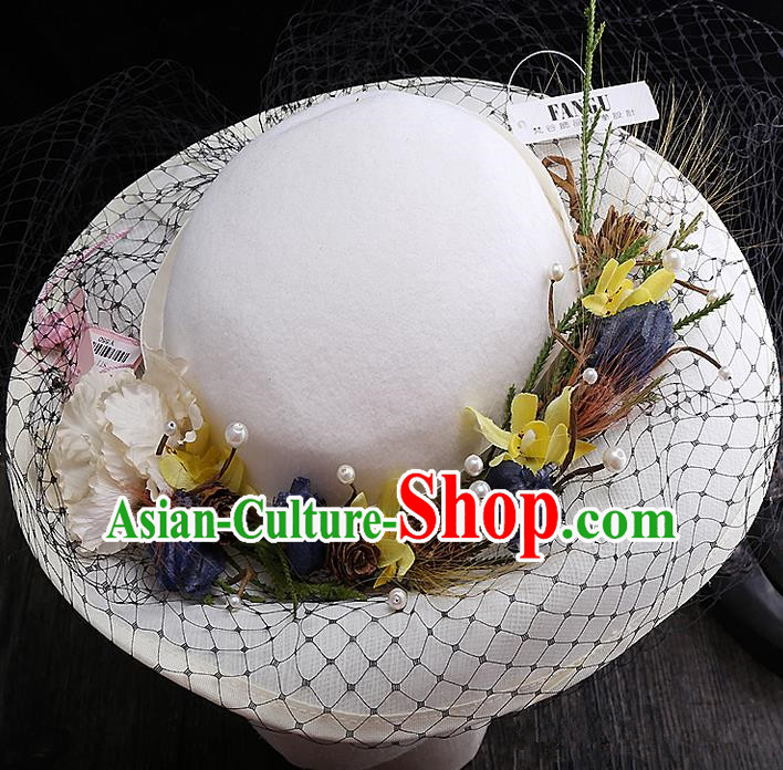 Top Grade Handmade Wedding Bride Hair Accessories Flowers Sunhat, Traditional Princess Baroque Topee Headpiece for Women