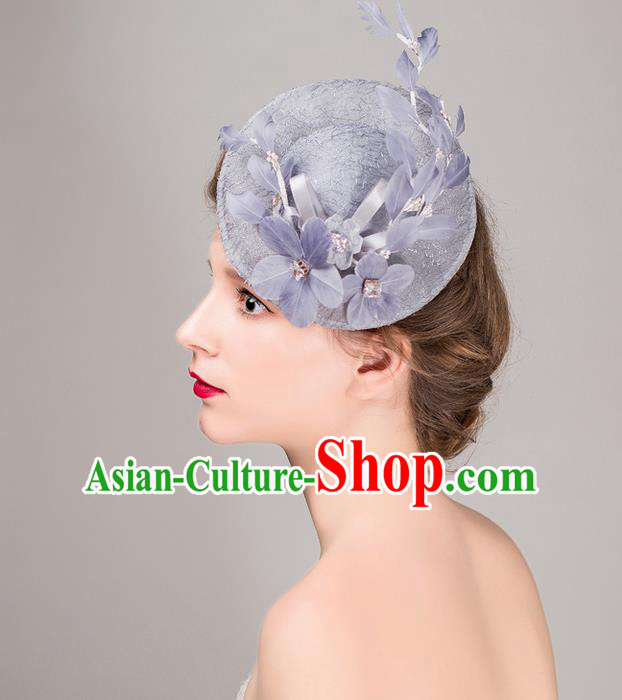 Top Grade Handmade Wedding Bride Hair Accessories Grey Top Hat, Traditional Princess Baroque Flowers Hat Headpiece for Women