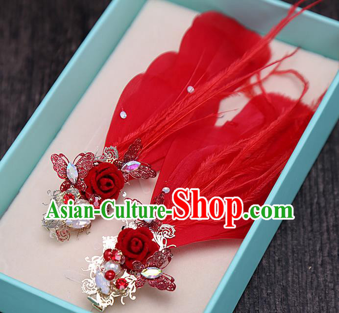 Top Grade Handmade Wedding Bride Hair Accessories Red Feather Hair Claw, Traditional Baroque Princess Hair Stick Headpiece for Women