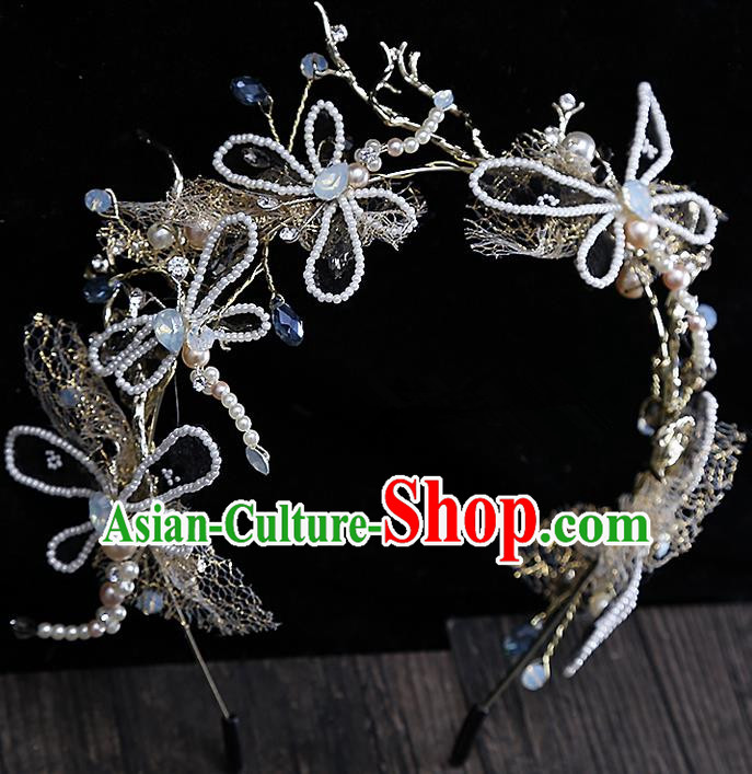 Top Grade Handmade Wedding Dragonfly Hair Accessories Bride Butterfly Hair Clasp, Traditional Baroque Princess Beads Headband Hair Clip Headpiece for Women