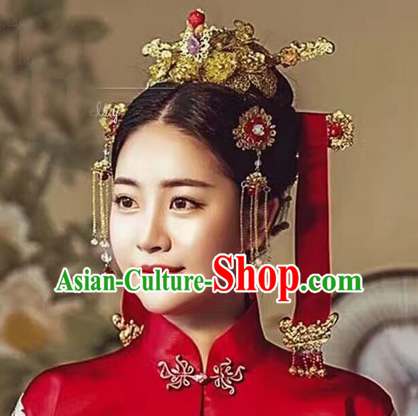 Top Grade Chinese Handmade Wedding Hair Accessories Phoenix Coronet, Traditional China Xiuhe Suit Bride Hairpins Tassel Step Shake Headdress for Women