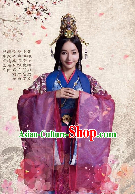 Traditional Ancient Chinese Imperial Consort Costume and Headpiece Complete Set, Chinese Chong Er Preach Chunqiu Period Imperial Concubine Embroidered Hanfu Clothing