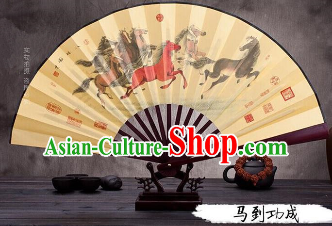 Traditional Chinese Ancient Peking Opera Accessories Scholar Ink Painting Horse Fan, Traditional Chinese Beijing Opera Young Men Props Folding Fans