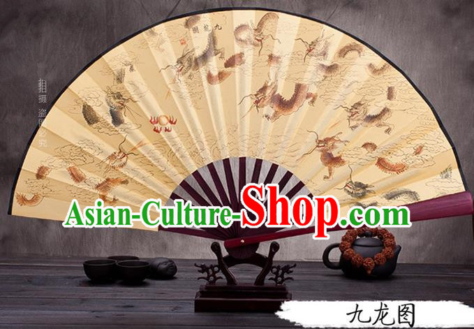 Traditional Chinese Ancient Peking Opera Accessories Scholar Ink Painting Nine Dragons Fan, Traditional Chinese Beijing Opera Young Men Props Folding Fans