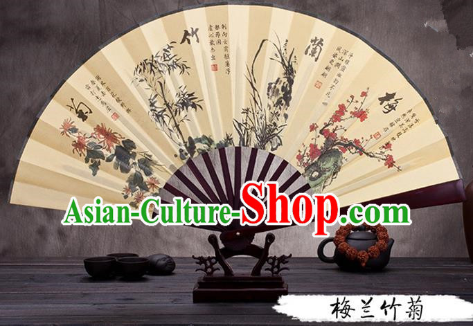 Traditional Chinese Ancient Peking Opera Accessories Scholar Ink Painting Plum Blossoms Orchid Bamboo and Chrysanthemum Fan, Traditional Chinese Beijing Opera Young Men Props Folding Fans