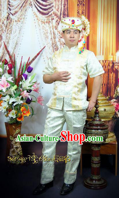Traditional Traditional Thailand Male Clothing, Southeast Asia Thai Ancient Costumes Dai Nationality White Shirt and Pants for Men