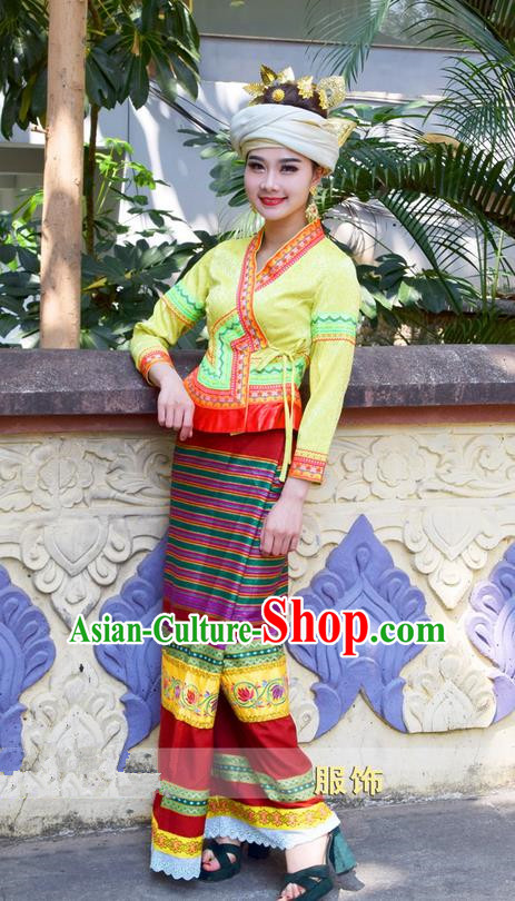 Traditional Traditional Thailand Female Clothing, Southeast Asia Thai Ancient Costumes Dai Nationality Water-Sprinkling Festival Sari Dress for Women