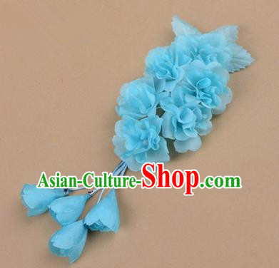 Top Grade Chinese Ancient Peking Opera Hair Accessories Diva Crystal Temple Blue Jasmine Flowers Hairpins, Traditional Chinese Beijing Opera Hua Tan Hair Clasp Head-ornaments
