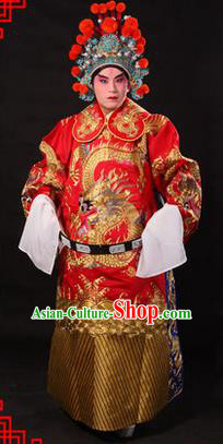 Traditional Chinese Beijing Opera Emperor Clothing and Headwear Complete Set, China Peking Opera His Royal Highness Embroidered Dragon Robe Red Opera Costumes