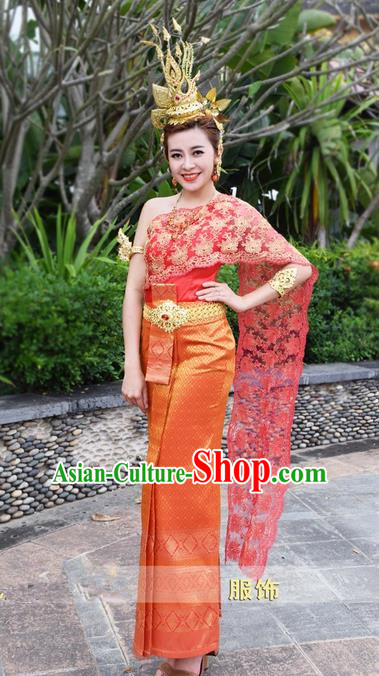 Traditional Traditional Thailand Female Bride Clothing, Southeast Asia Thai Ancient Costumes Dai Nationality Water-Sprinkling Festival Red Wedding Sari Dress for Women