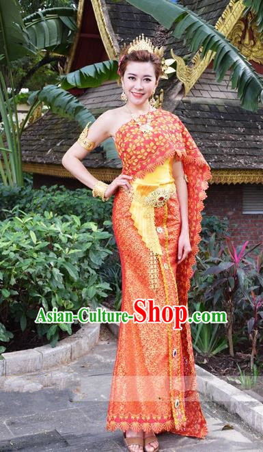 Traditional Traditional Thailand Princess Clothing, Southeast Asia Thai Ancient Costumes Dai Nationality Wedding Red Sari Dress for Women