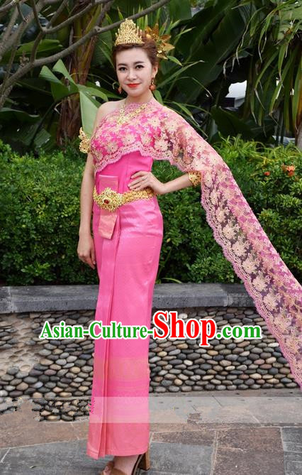 Traditional Traditional Thailand Female Bride Clothing, Southeast Asia Thai Ancient Costumes Dai Nationality Water-Sprinkling Festival Pink Wedding Sari Dress for Women