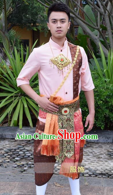 Traditional Traditional Thailand Male Clothing, Southeast Asia Thai Ancient Costumes Dai Nationality Pink Shirt and Pants for Men