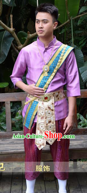 Traditional Traditional Thailand Male Clothing, Southeast Asia Thai Ancient Costumes Dai Nationality Purple Shirt and Pants for Men