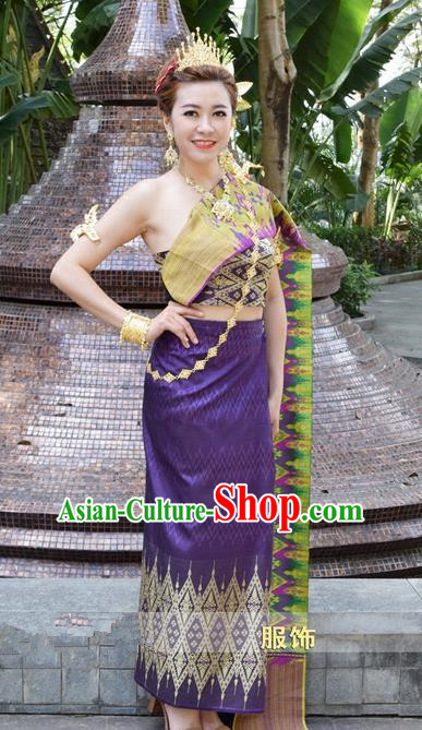 Traditional Traditional Thailand Princess Clothing, Southeast Asia Thai Ancient Costumes Dai Nationality Wedding Purple Sari Dress for Women