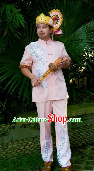 Traditional Traditional Thailand Male Clothing, Southeast Asia Thai Ancient Costumes Dai Nationality Pink Shirt and Pants Complete Set for Men