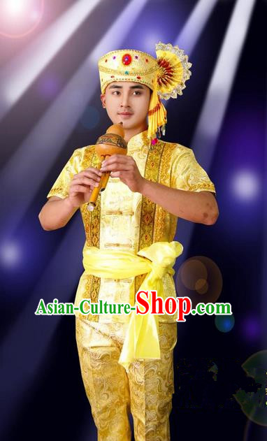 Traditional Traditional Thailand Male Clothing, Southeast Asia Thai Ancient Costumes Dai Nationality Golden Short Sleeve Shirt and Pants Complete Set for Men
