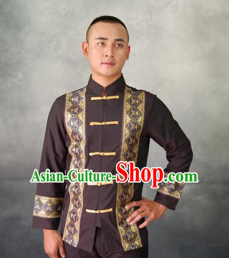 Traditional Traditional Thailand Male Clothing, Southeast Asia Thai Ancient Costumes Dai Nationality Black Shirt for Men