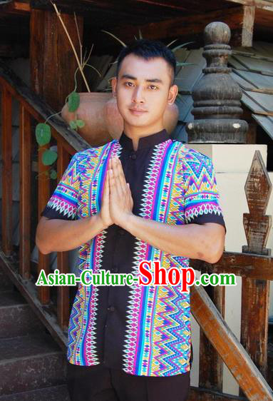 Traditional Traditional Thailand Male Clothing, Southeast Asia Thai Ancient Costumes Dai Nationality Blue Shirt for Men