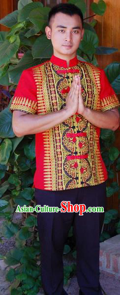 Traditional Traditional Thailand Male Clothing, Southeast Asia Thai Ancient Costumes Dai Nationality Red Shirt for Men