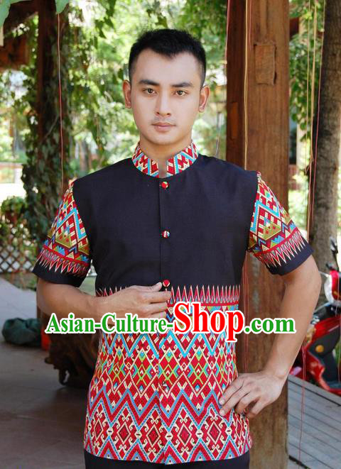 Traditional Traditional Thailand Male Clothing, Southeast Asia Thai Ancient Costumes Dai Nationality Printing Red Shirt for Men