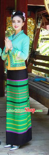 Traditional Traditional Thailand Female Clothing, Southeast Asia Thai Ancient Costumes Dai Nationality Green Sari Dress for Women
